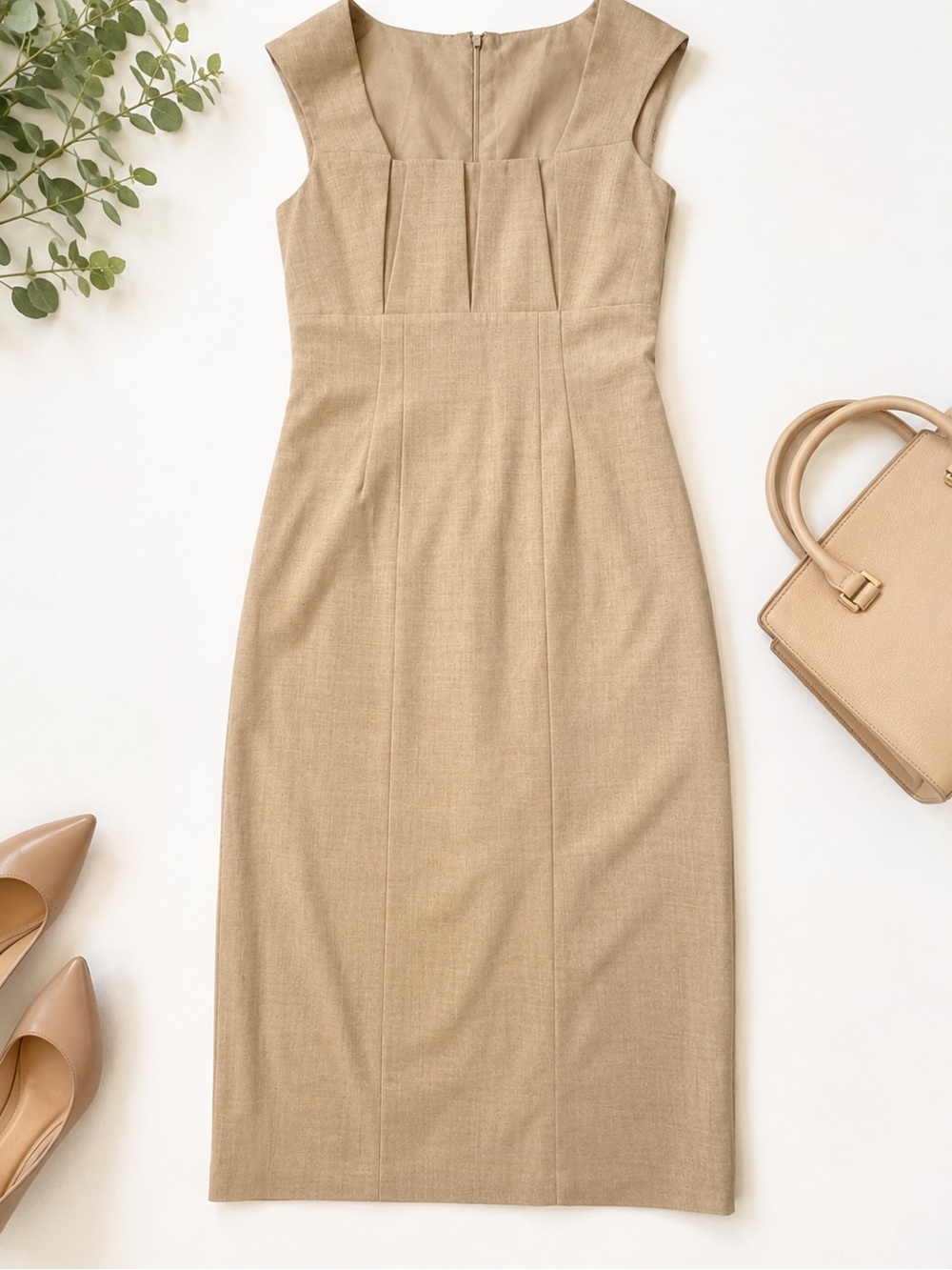 Calvin Klein Tan Sheath Dress Sleeveless Career Midi Stretch Neutral